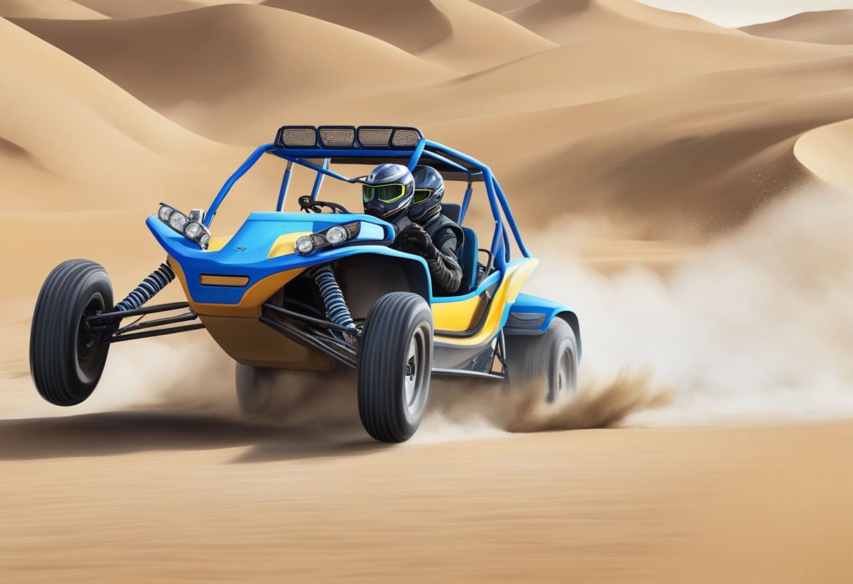 A 150cc dune buggy speeds across a sandy terrain, kicking up clouds of dust as it races through the open desert