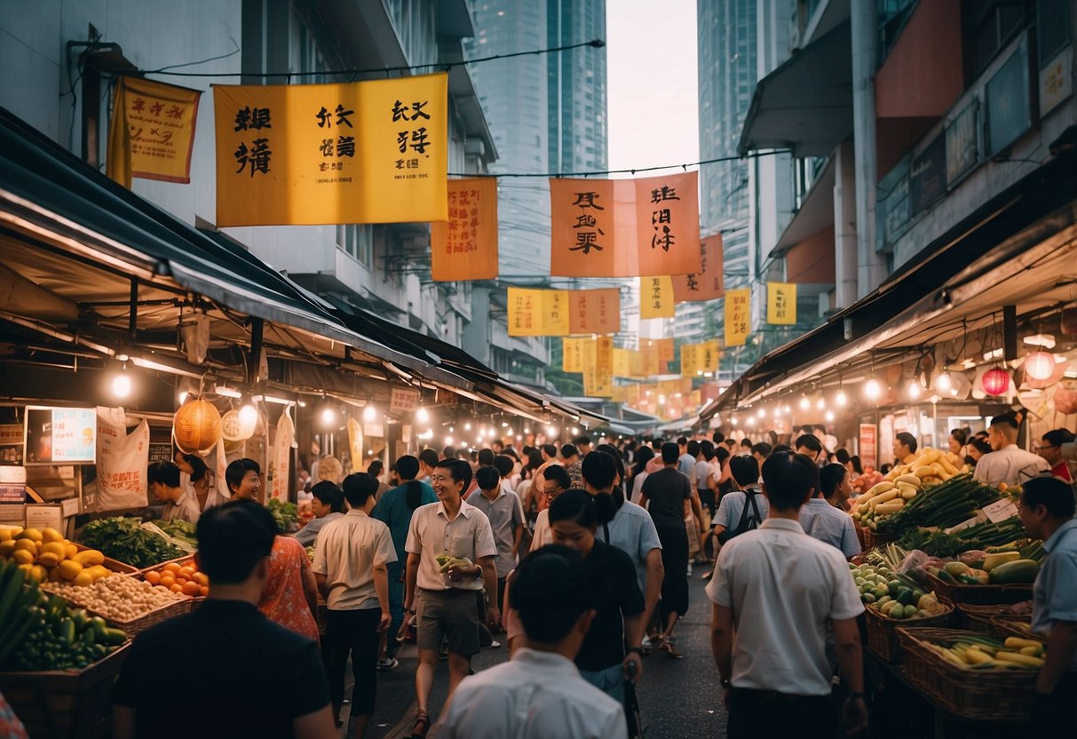 A bustling street market with colorful banners and lively crowds in Singapore
