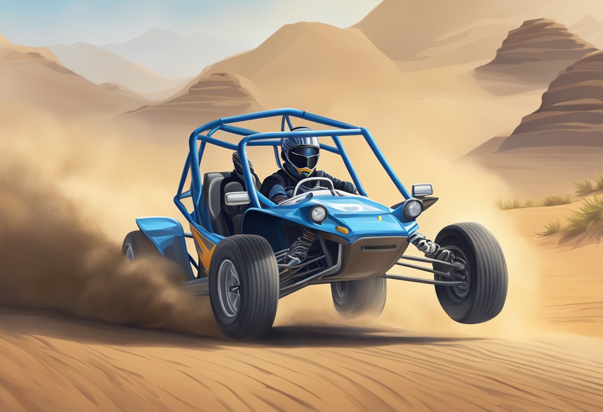 A 250cc dune buggy speeds along a sandy track, kicking up dust as it races through the desert terrain