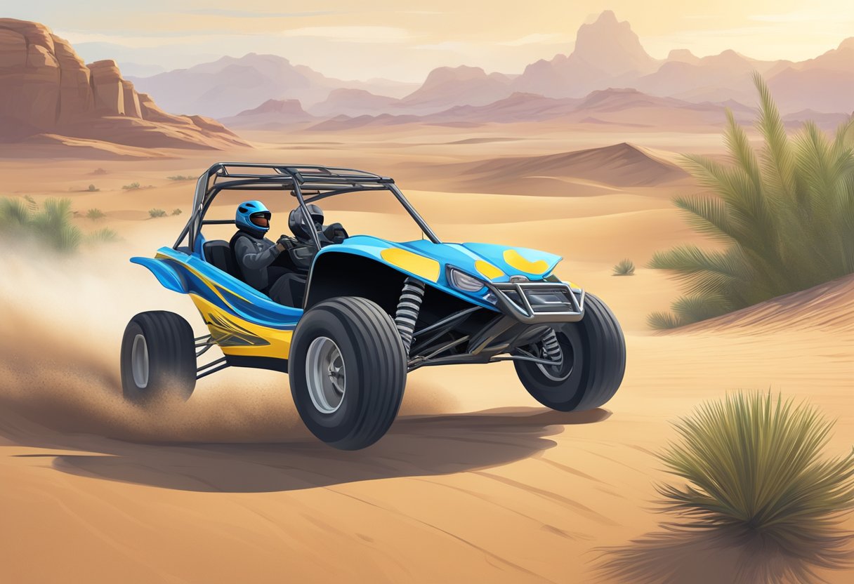 A 150cc dune buggy speeds along a desert trail, adhering to posted speed limits and regulations