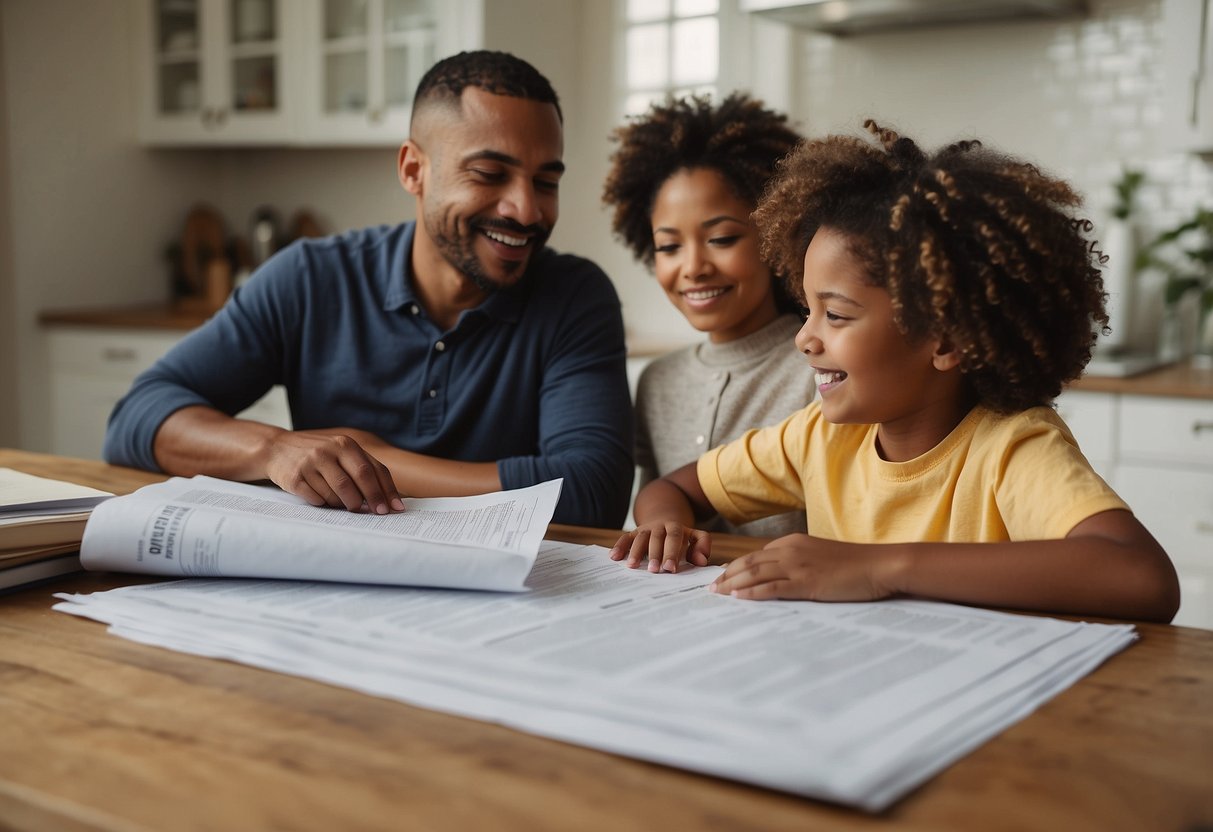 A family sits at a kitchen table, discussing a home loan while reviewing paperwork from Salary Packaging Providers