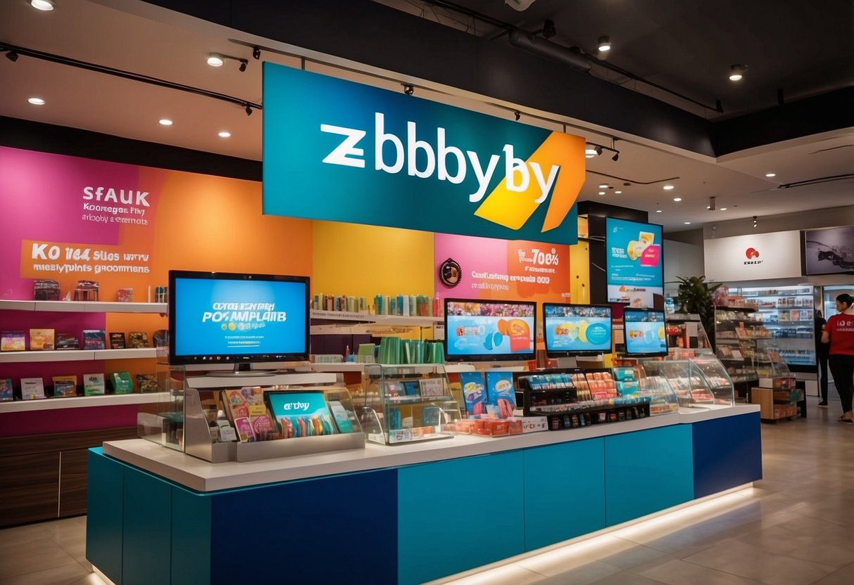 A vibrant display of ezbuy promotions in Singapore, featuring colorful banners and eye-catching product showcases