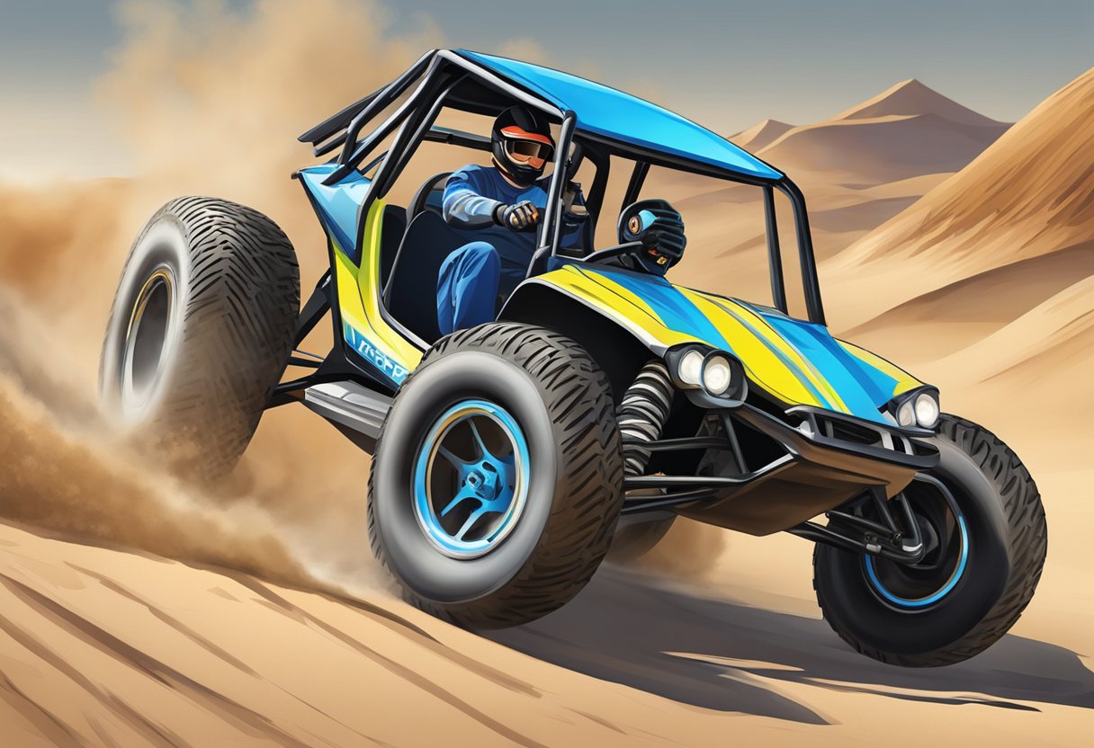 The Razor Dune Buggy zooms across the sandy terrain, kicking up dust as it reaches top speeds of 9 mph