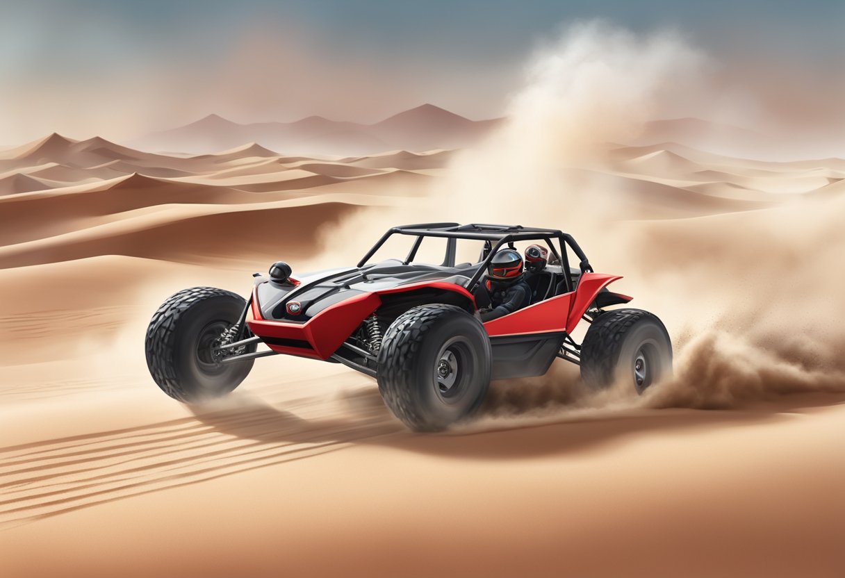 A red Razor Dune Buggy speeds across a sandy desert, kicking up clouds of dust as it races along at top speed