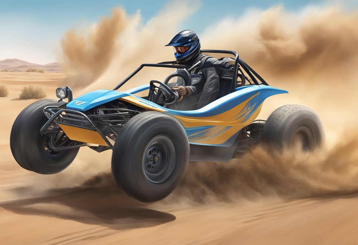 The razor dune buggy speeds across the desert, kicking up clouds of dust as it reaches its top speed, demonstrating its impressive performance