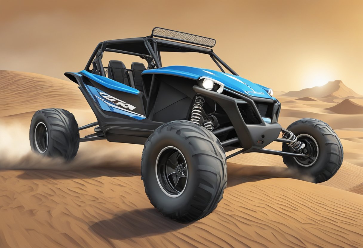 The Razor dune buggy speeds across the desert, its safety features prominently displayed. The rugged terrain is no match for the buggy's impressive speed