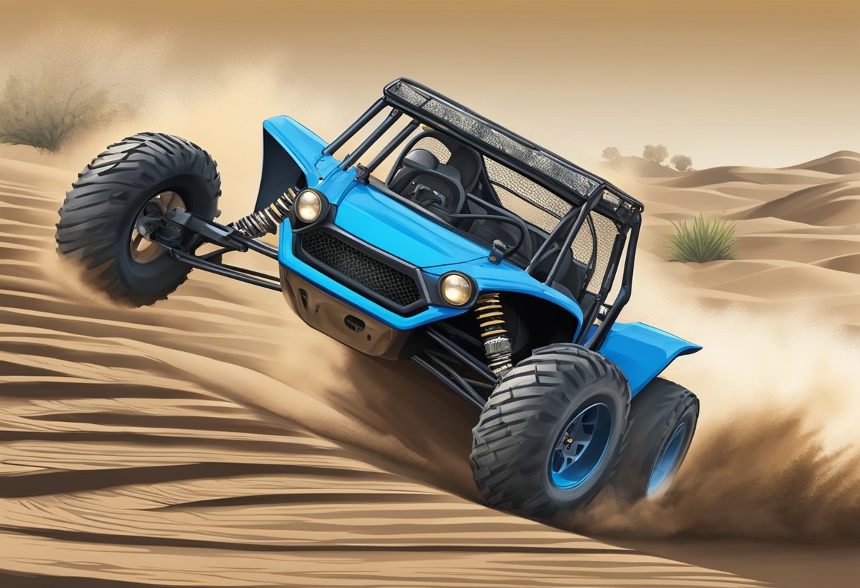 The razor dune buggy speeds along the rugged terrain, kicking up dust and leaving a trail of tire tracks behind