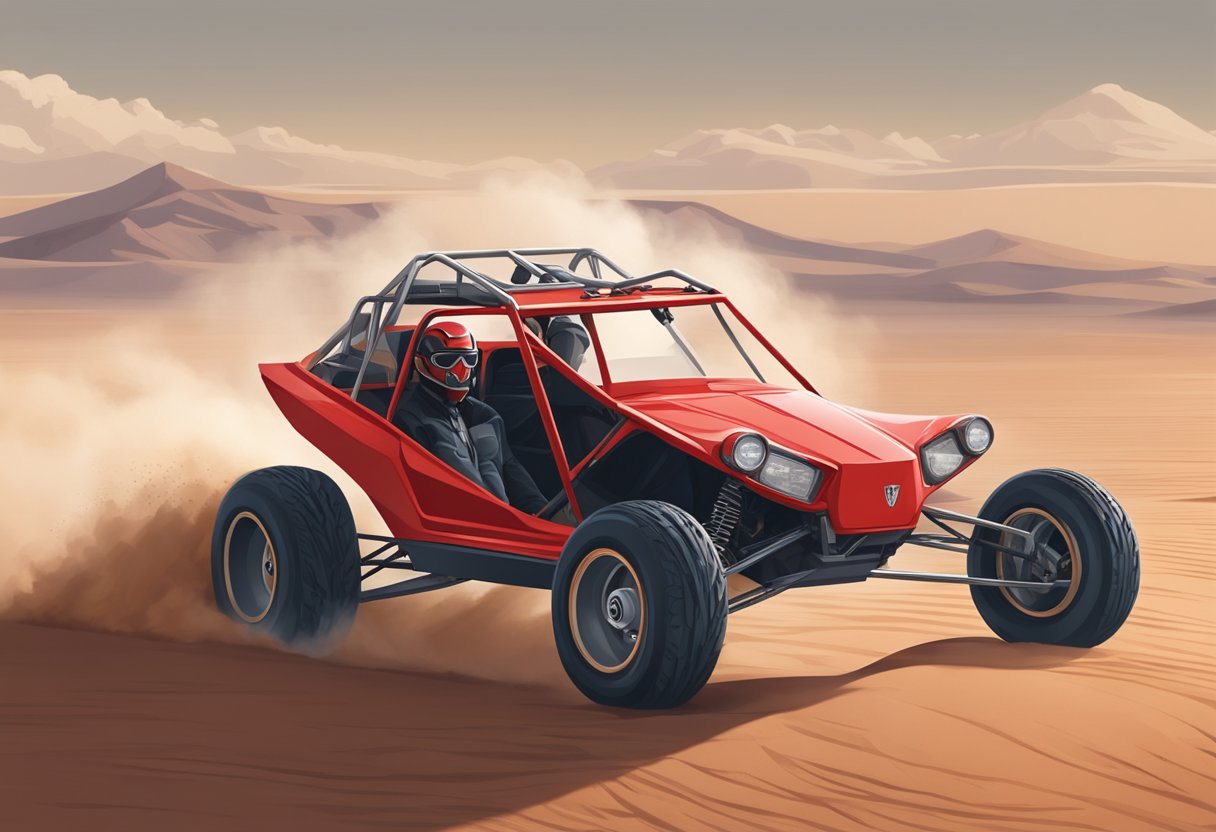 A red Razor Dune Buggy speeds across a desert terrain, kicking up clouds of dust as it races along at top speed