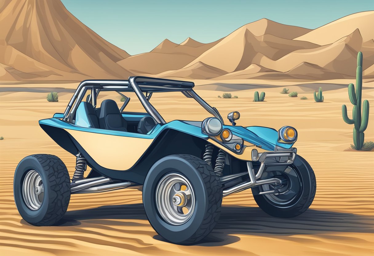 A dune buggy sits on a scale, showing its weight. Sand dunes and desert landscape in the background