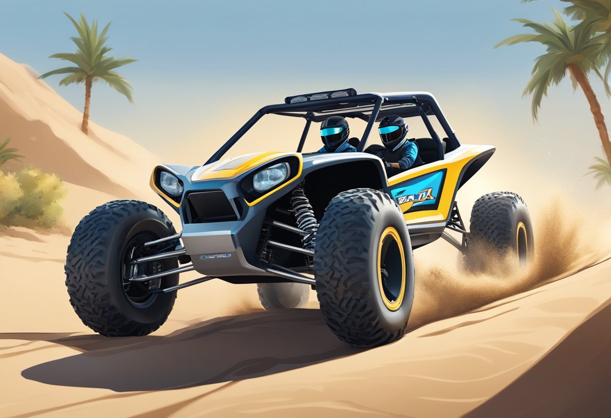 The razor dune buggy races across the sandy terrain, its accessories and customizations gleaming in the sunlight as it reaches top speeds