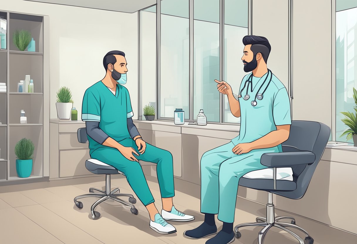 A doctor discussing hair transplant options with a patient in a modern clinic setting