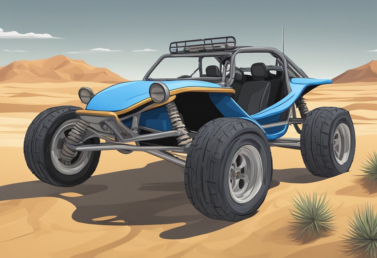 A dune buggy sits on a scale, showing its weight. Sand dunes and desert landscape surround the buggy