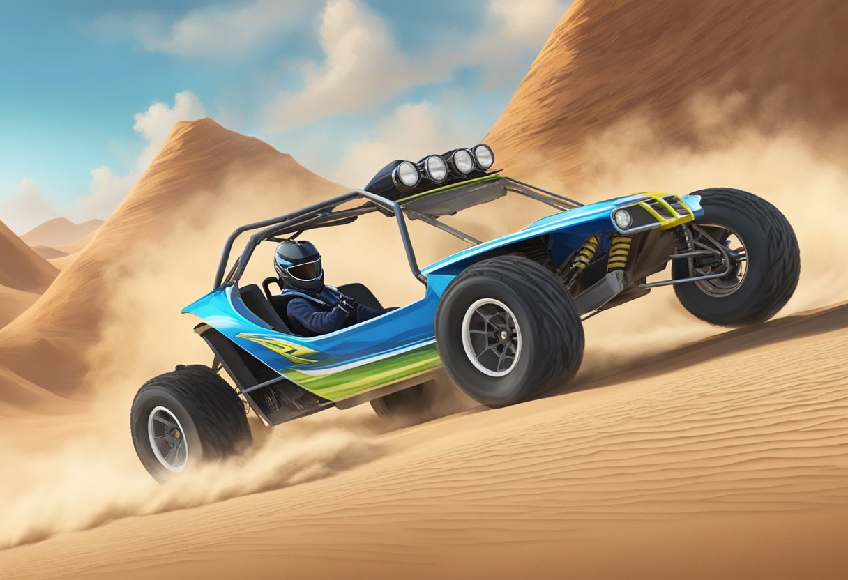 The Razor Dune Buggy speeds across the desert, kicking up a trail of dust as it races towards the horizon