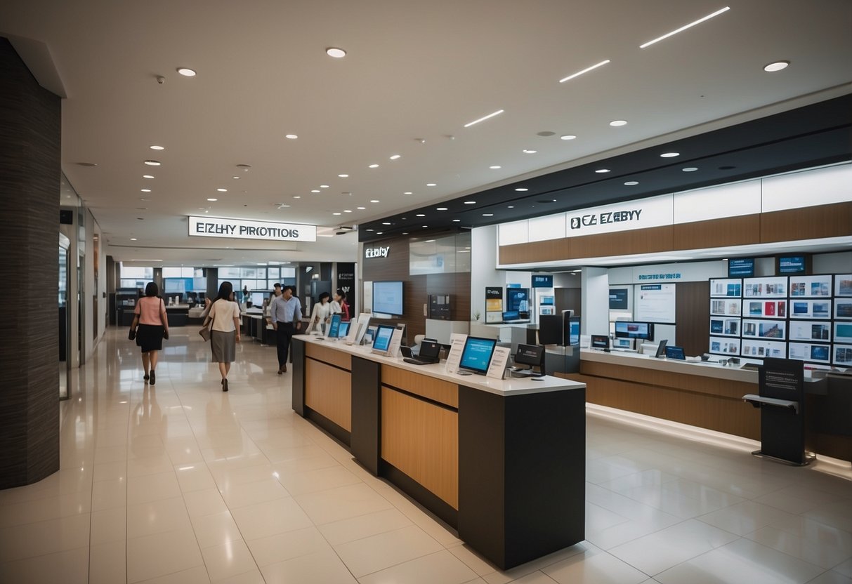 A bright, modern bank branch with a prominent display of ezbuy promotions in Singapore. Customers are seen engaging with staff and exploring the various offers