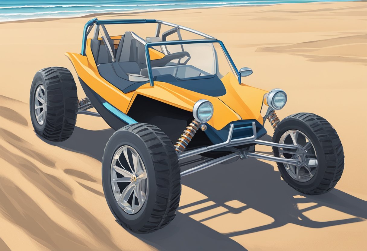 A dune buggy sits on a sandy beach, its sleek frame glistening in the sunlight. The buggy's tires are slightly sunken into the soft sand, leaving behind deep tracks as it sits stationary