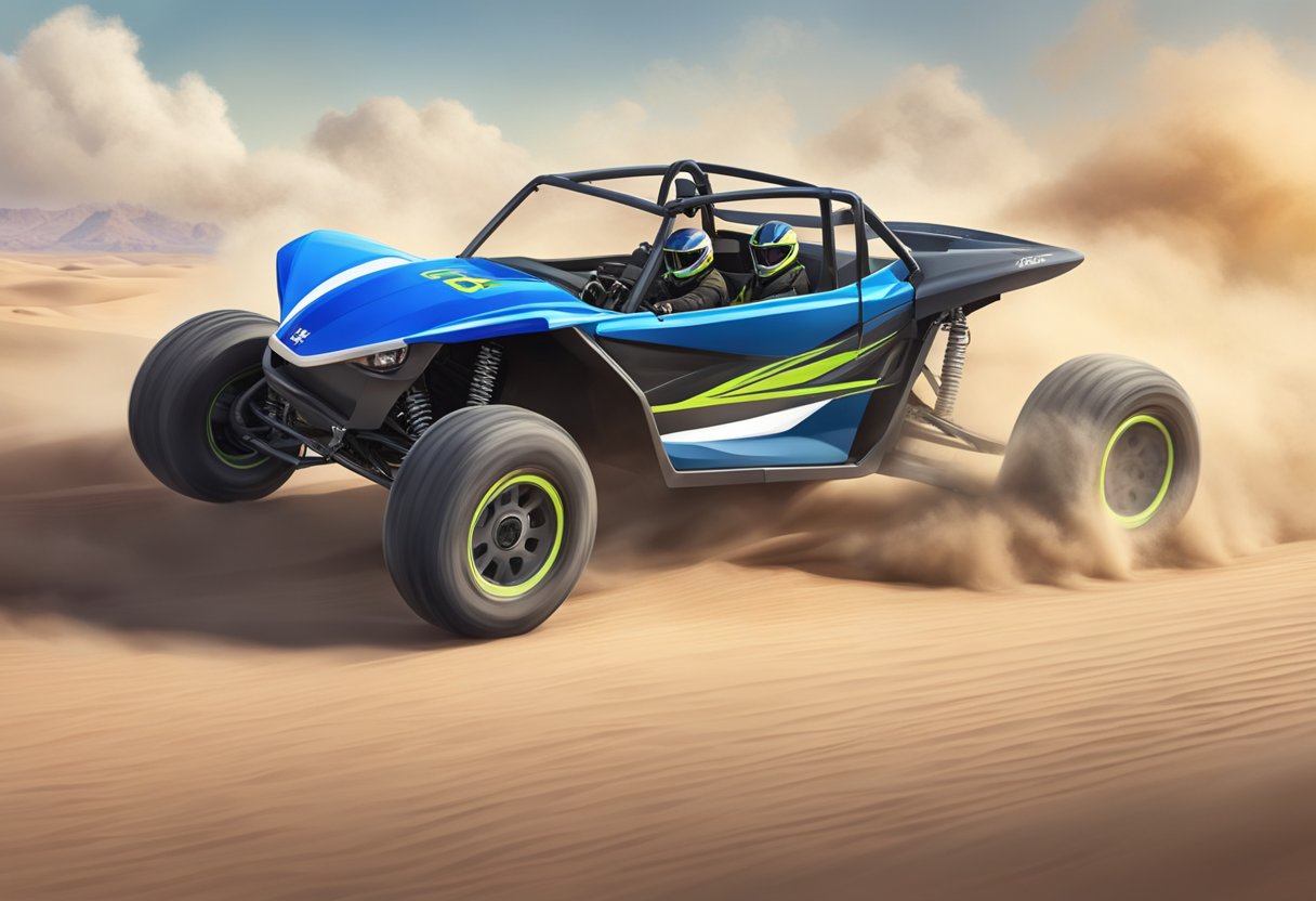 The Razor Dune Buggy speeds along the desert terrain, kicking up clouds of dust as it races at top speed