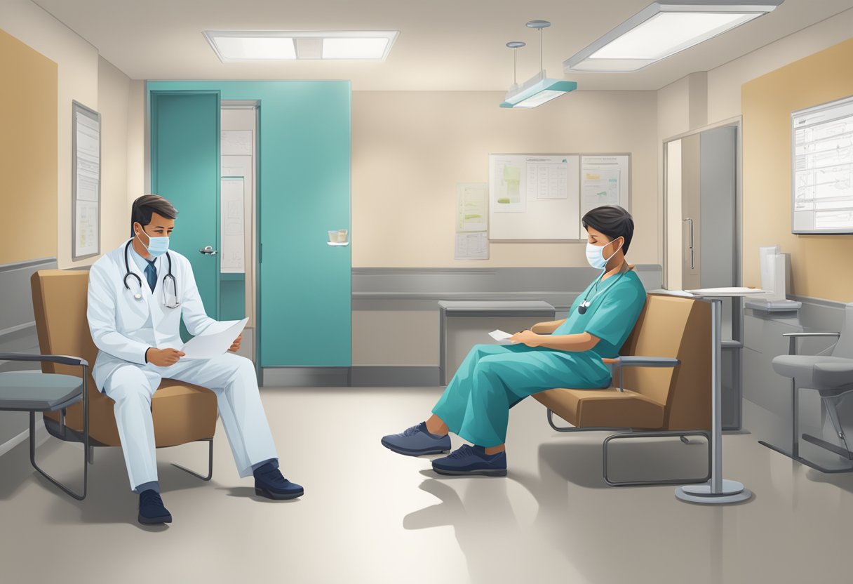 A doctor reviewing paperwork, a patient sitting in a waiting room, and a consultation room with a surgical diagram on the wall