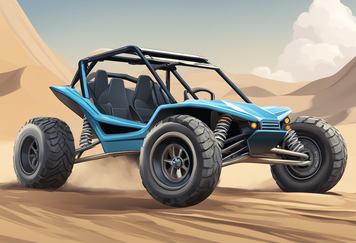 A dune buggy sits on a sandy track, its weight pressing down on the suspension as it navigates the uneven terrain