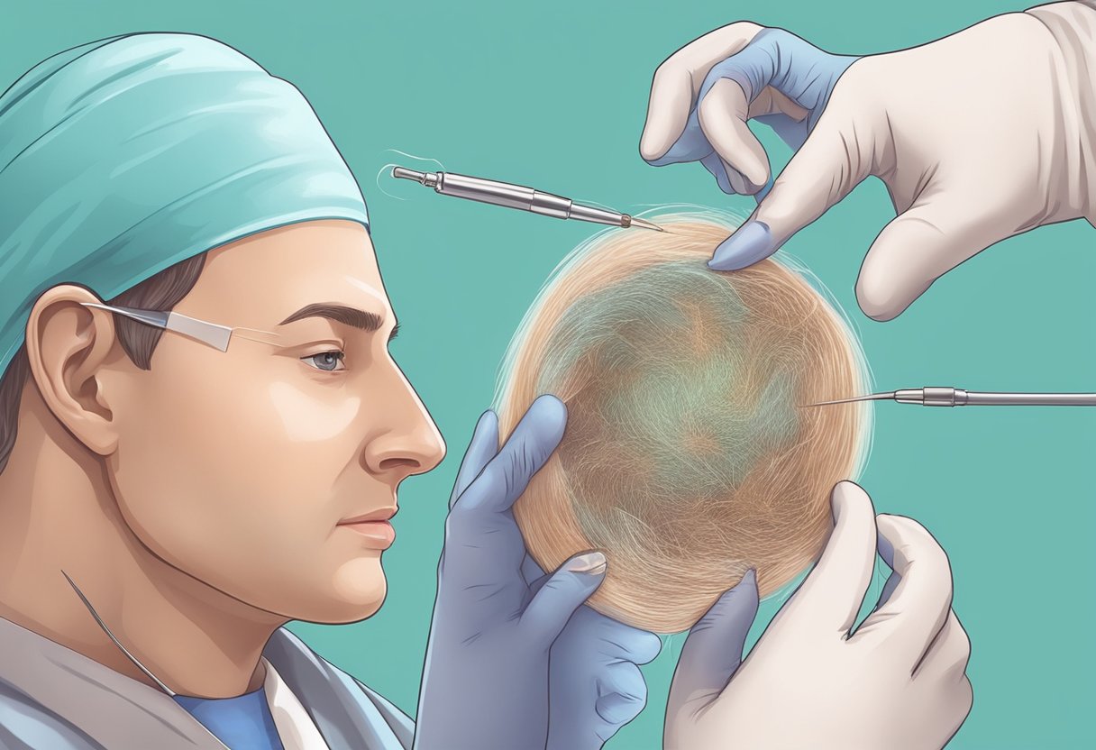 A surgeon carefully extracts hair follicles from the donor area and implants them into the recipient area using precise techniques