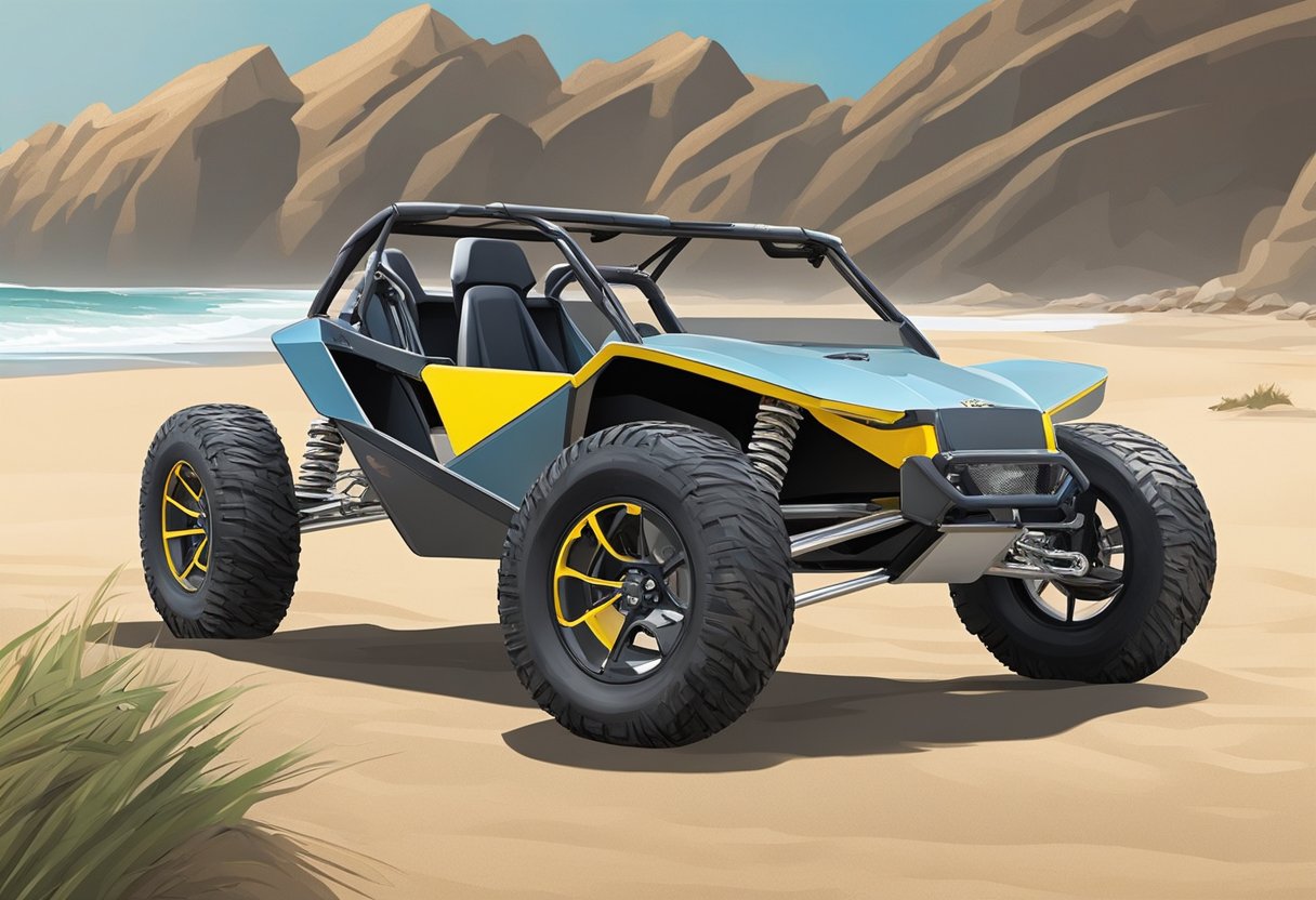 A dune buggy sits on a sandy beach, its lightweight frame made of aluminum and steel. The tires are wide and rugged, ready to tackle the rough terrain. The buggy weighs around 800-1000 pounds