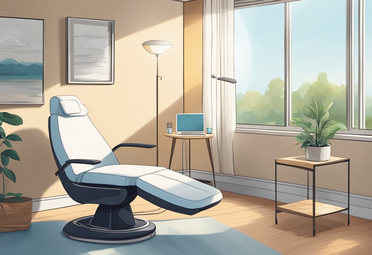 A serene, sunlit room with a comfortable chair and a table holding before-and-after photos of successful hair transplant results