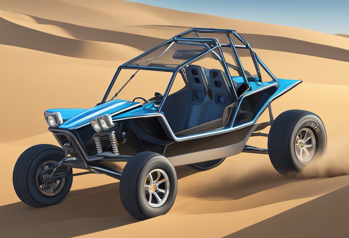 A dune buggy sits on a sandy desert dune, with customized features and modifications. Its sleek, lightweight frame glistens in the sunlight, showcasing its unique design