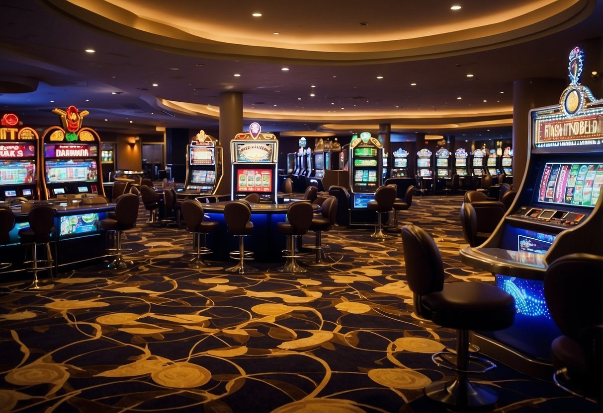 Various casino games, including slot machines, poker tables, and roulette wheels, are spread out across the vibrant and bustling casino floor at Planet7