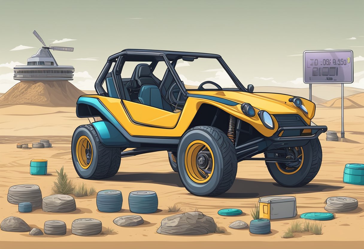 A dune buggy sits on a scale, its weight displayed. Regulations and safety signs surround it