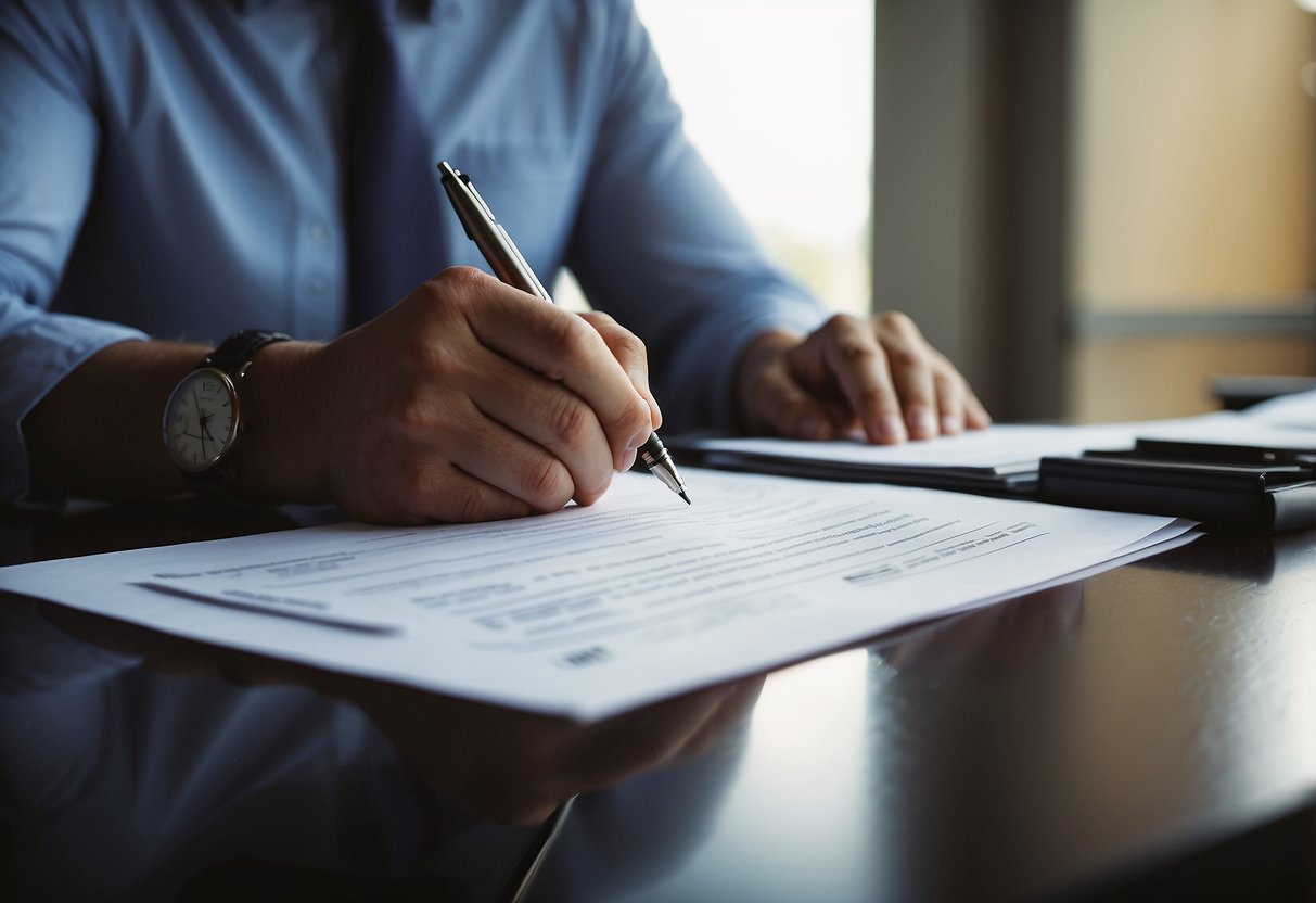 A contractor signing paperwork for a home loan at a bank, with a stack of documents and a pen on a desk