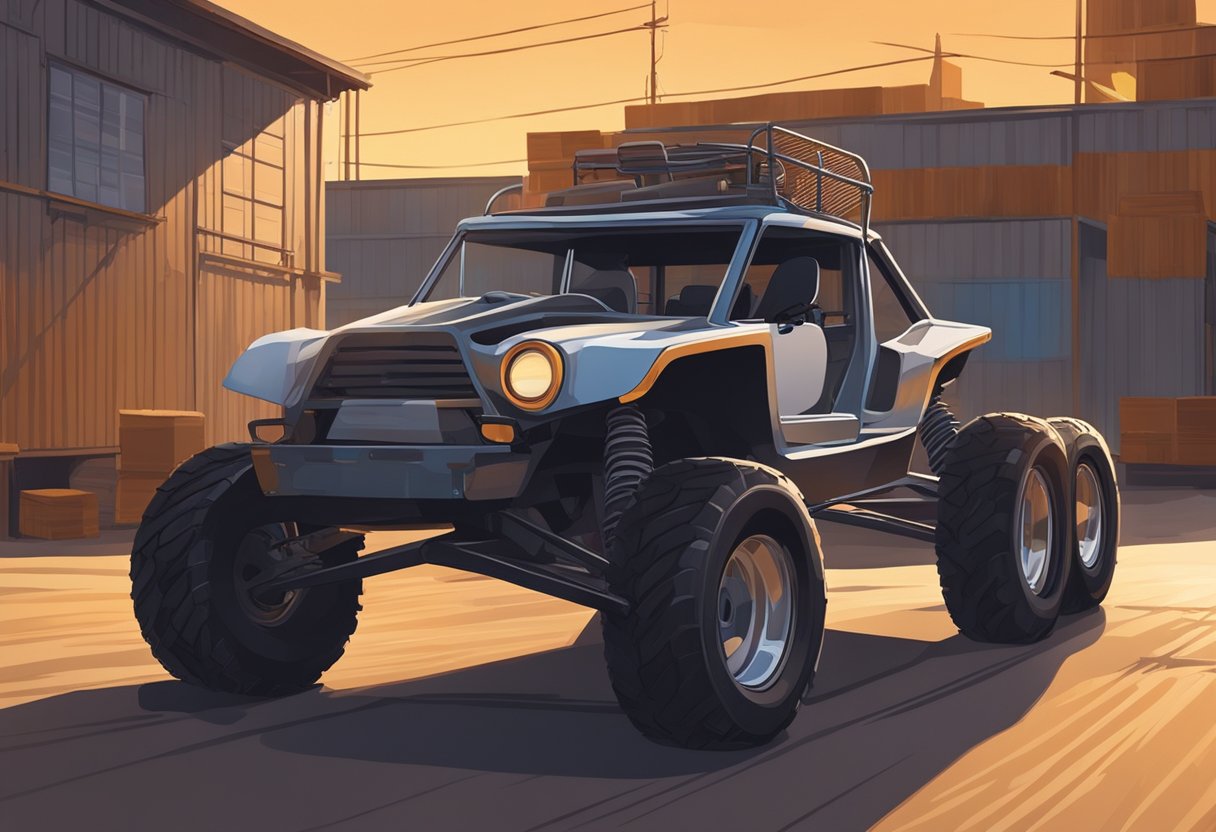 A dune buggy sits on a flatbed truck, secured with straps. The sun sets behind a warehouse, casting long shadows. The buggy's tires are caked with sand