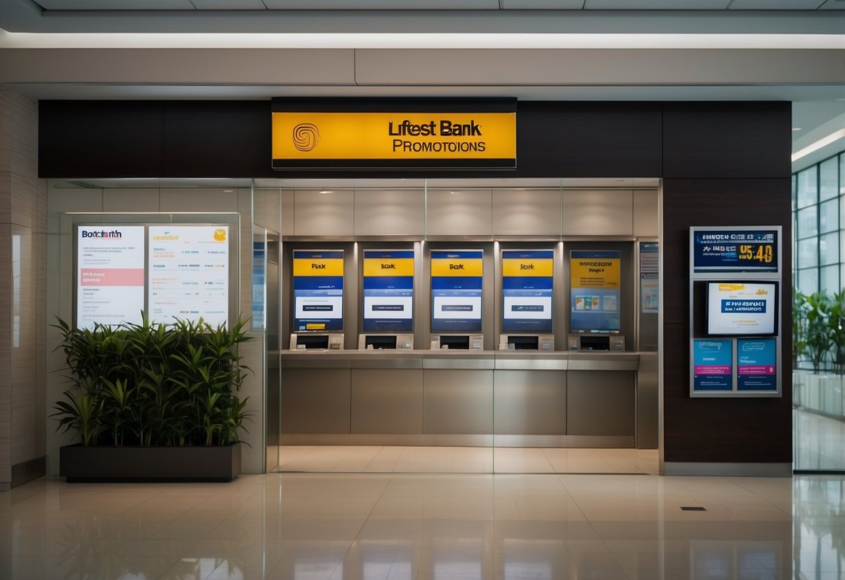 A bank branch with a prominent display of "Latest Savings Account Promotions" signage in Singapore