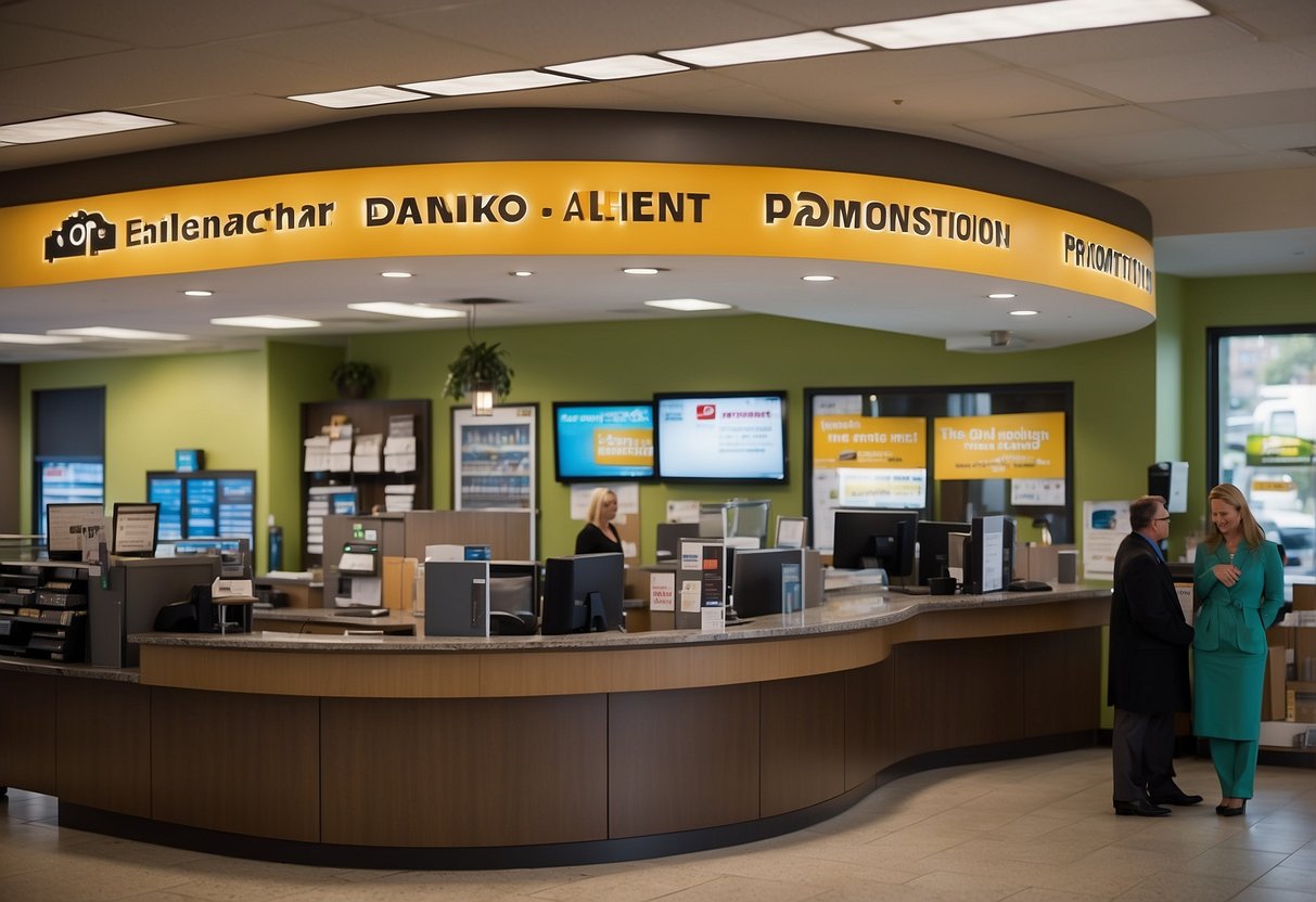 A vibrant bank branch with a prominent "Savings Account Promotions" sign, surrounded by happy customers and staff