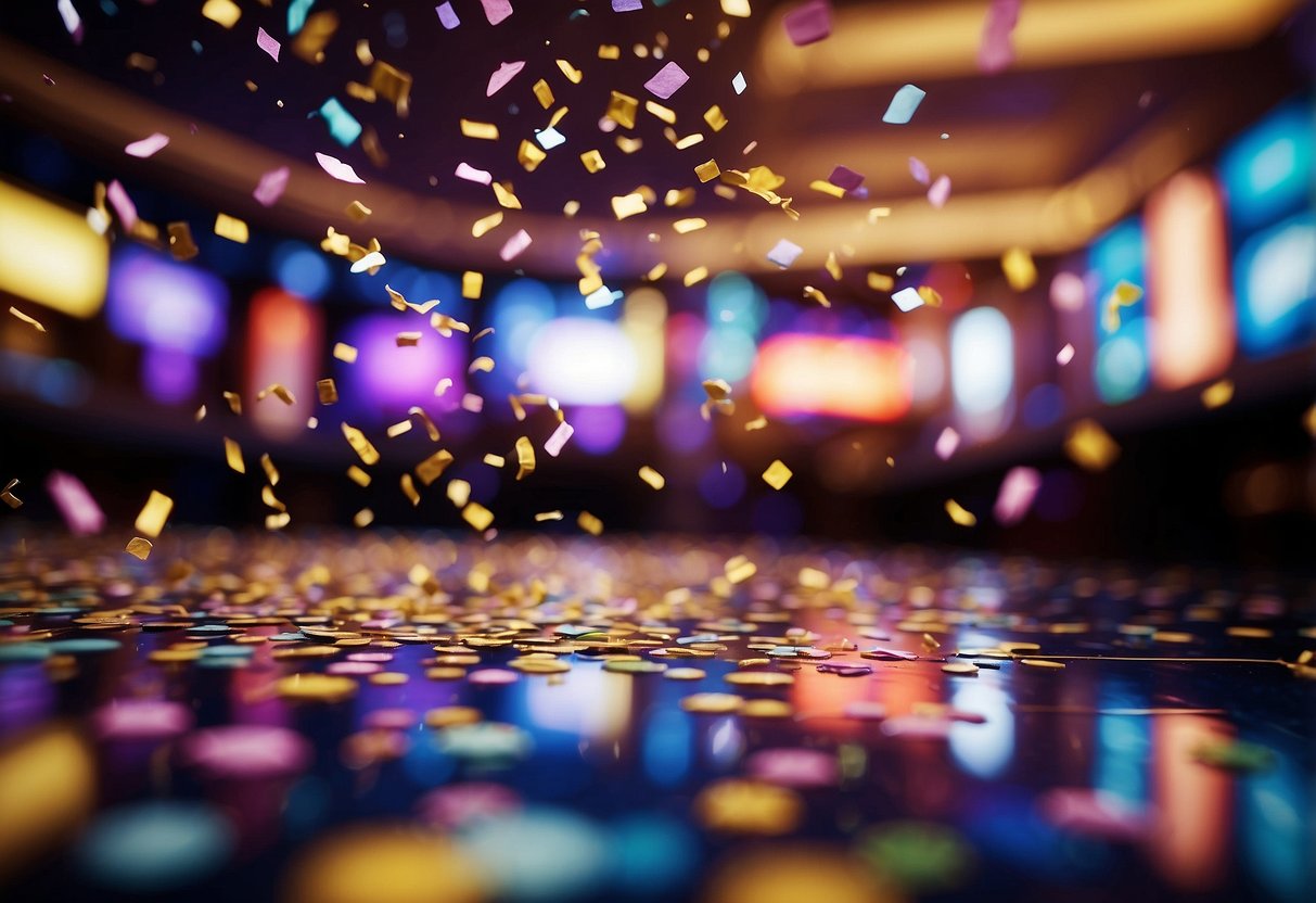 Colorful banners and confetti raining down on a vibrant casino floor, with flashing lights and excited patrons celebrating bonuses and promotions at Planet7