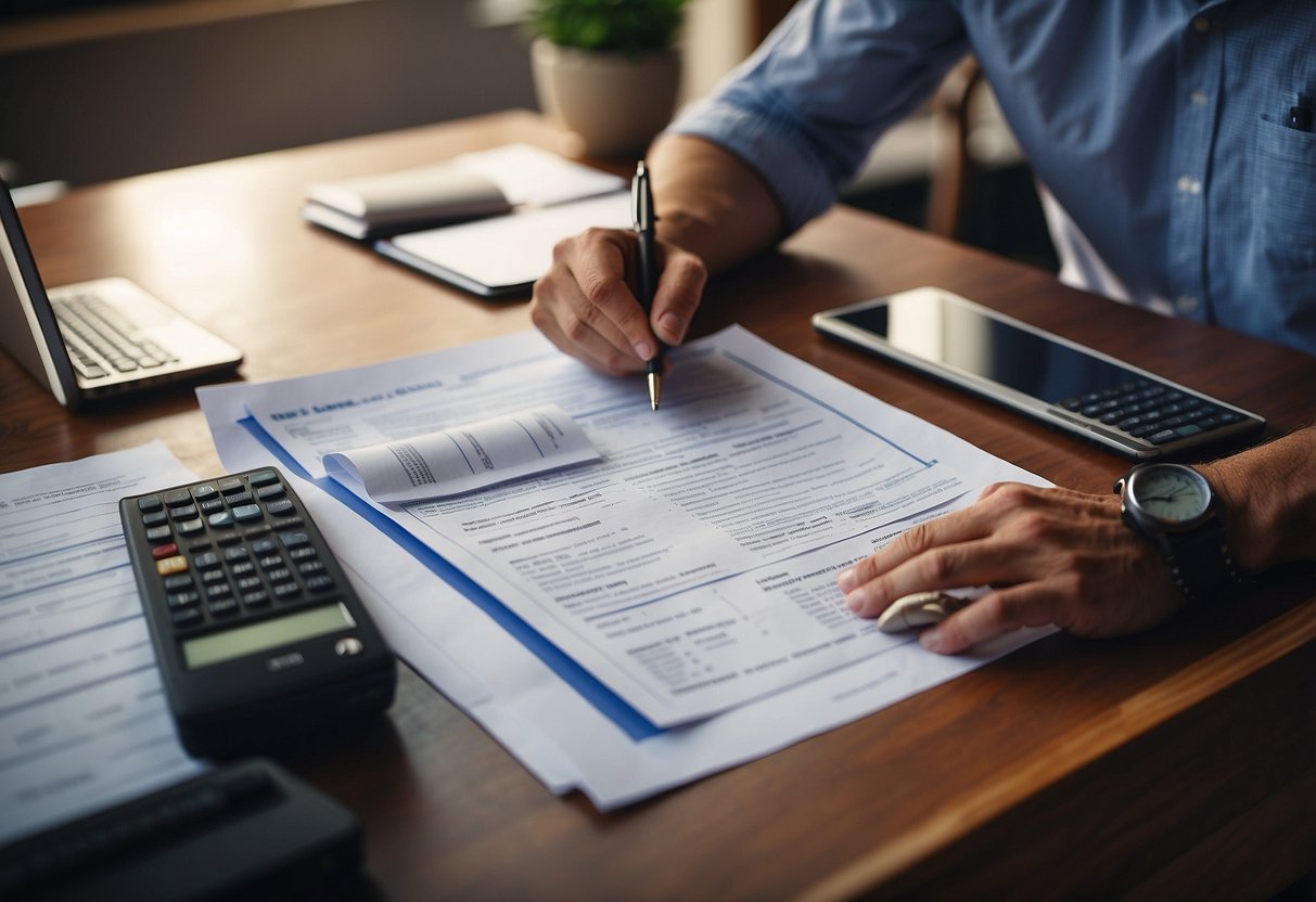 A contractor reviewing home loan documents at a desk, with a calculator, laptop, and blueprints spread out