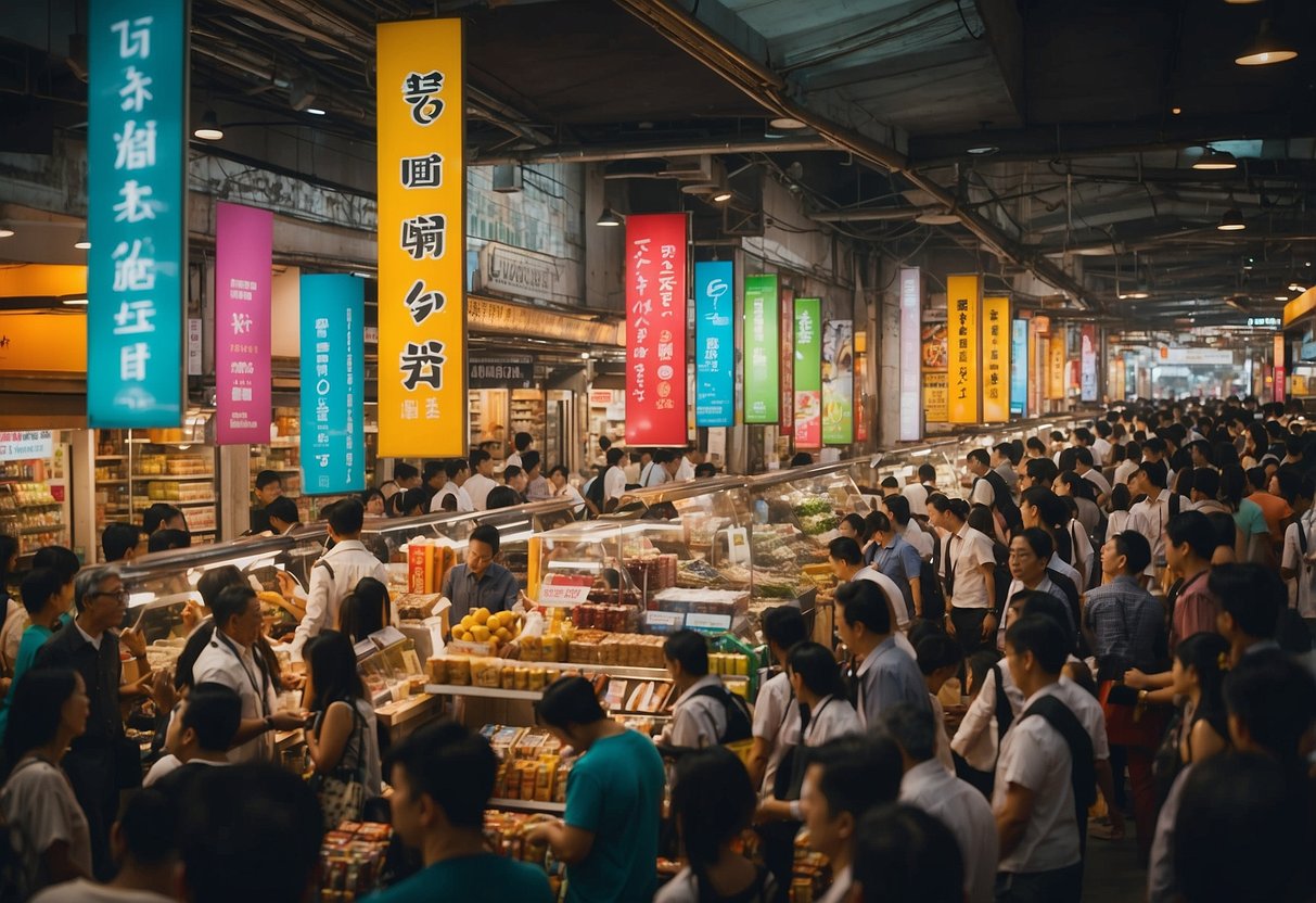 A bustling marketplace with colorful banners and signs advertising ezbuy promotions in Singapore. Shoppers browse through various items with curiosity and excitement