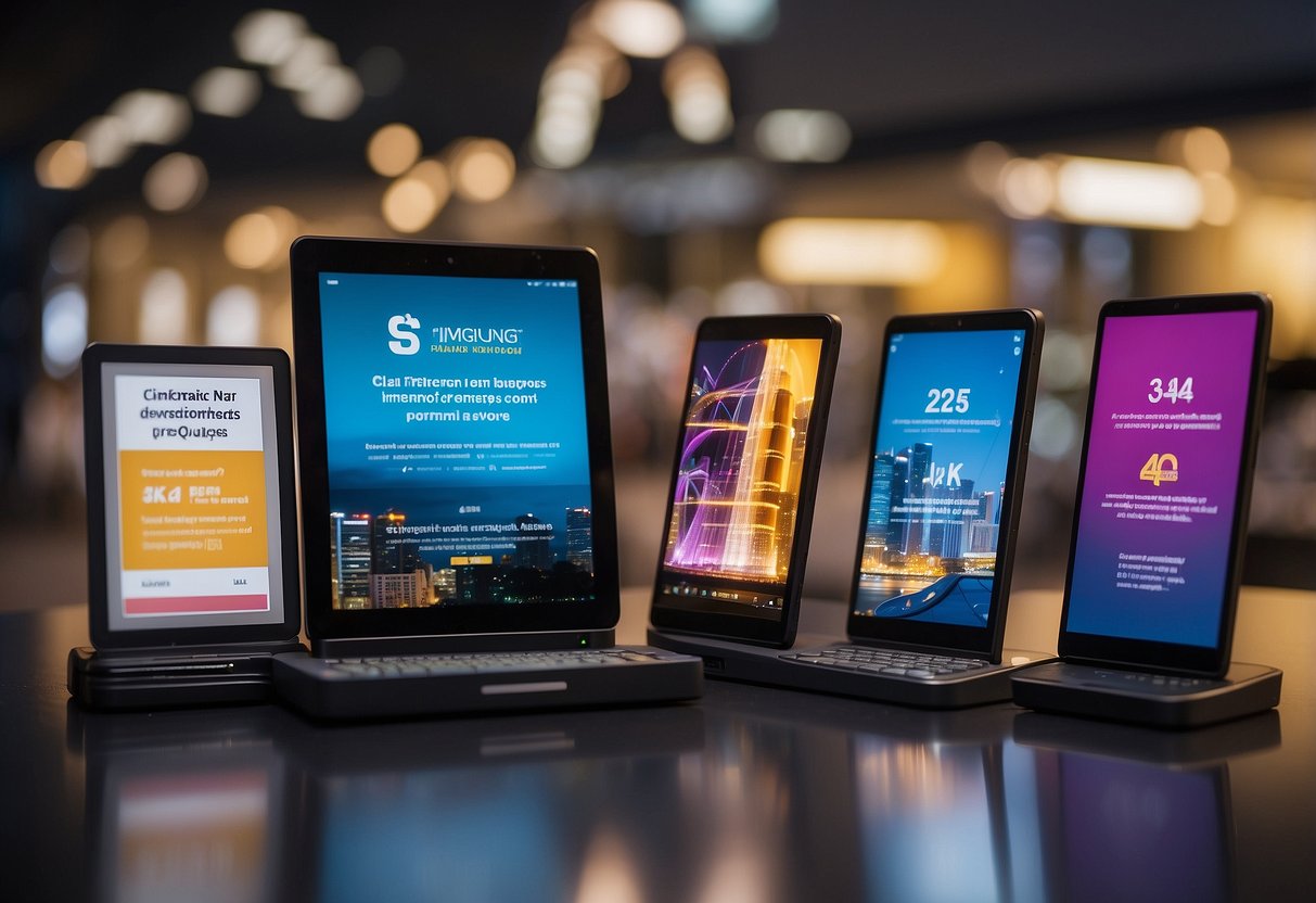 A vibrant display of promotional materials for savings accounts in Singapore, including banners, brochures, and digital screens, with a focus on frequently asked questions