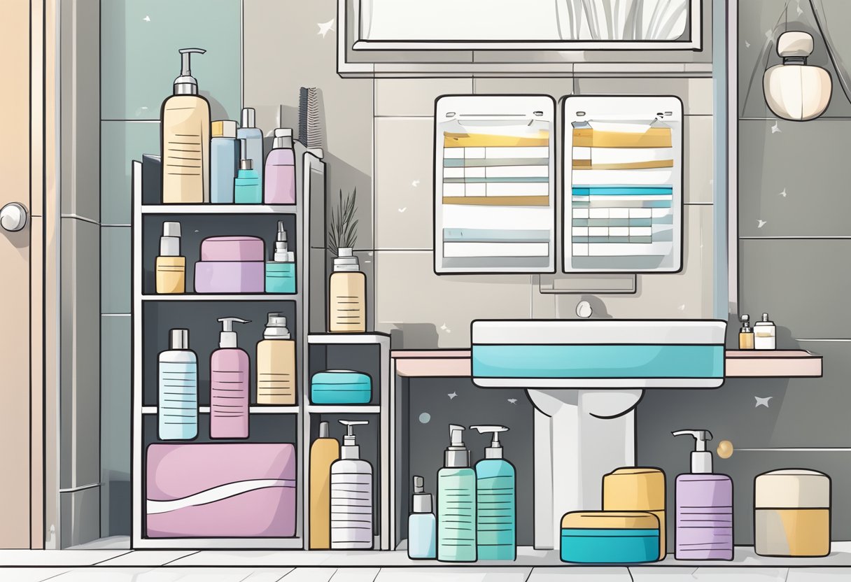 A bathroom shelf with various hair products and a calendar marked with wash dates