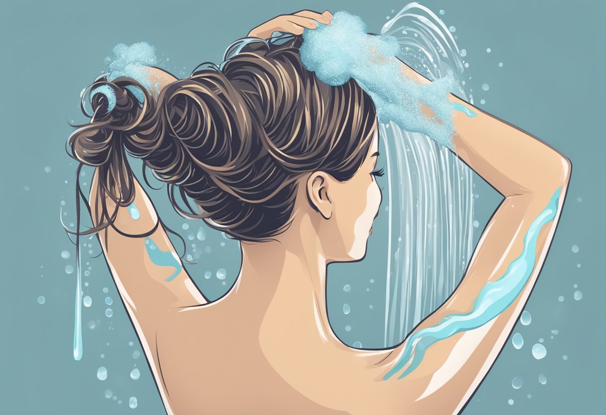 A person lathers shampoo into their hair, massaging the scalp gently. They rinse thoroughly with water, ensuring all suds are removed