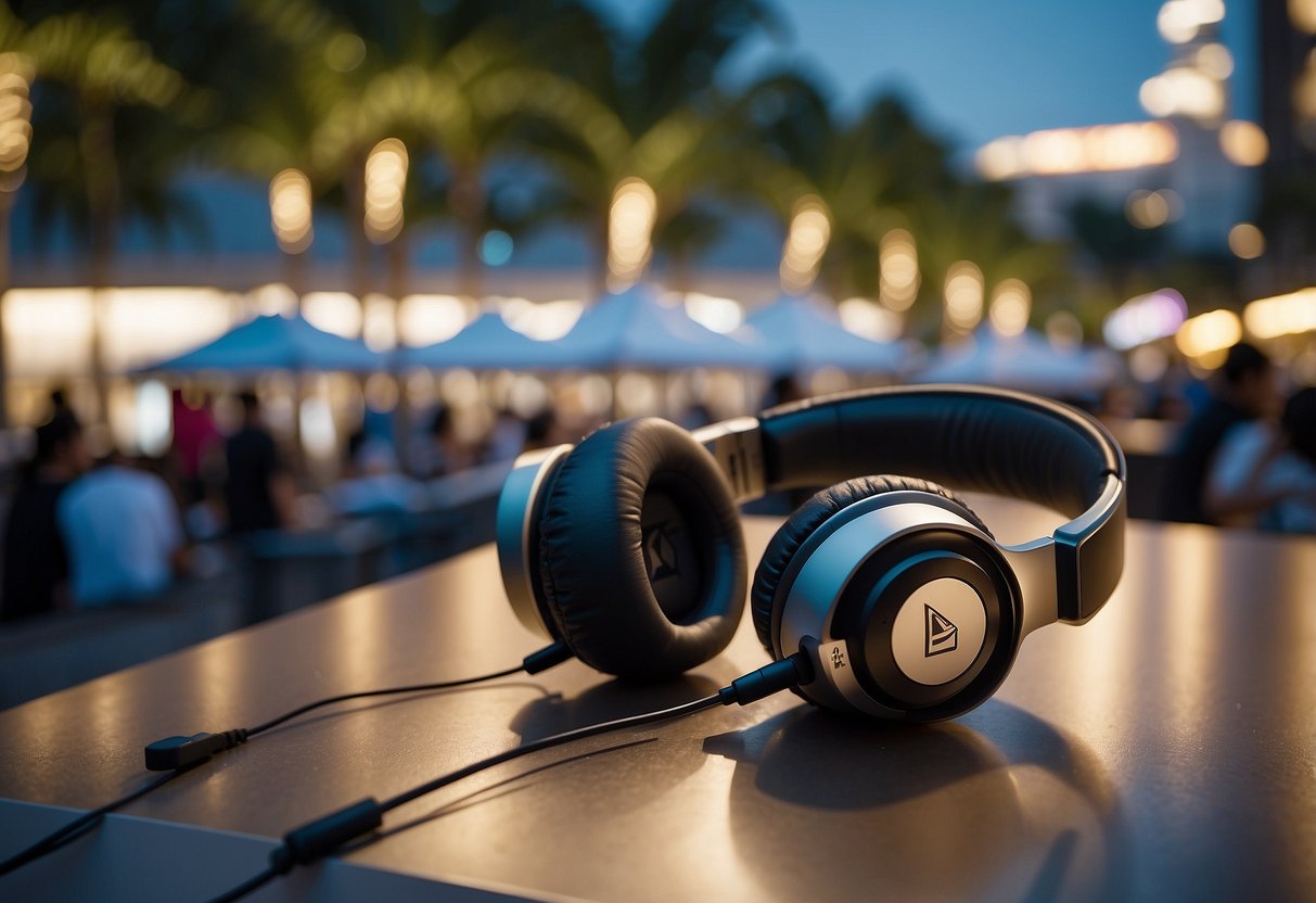 Sennheiser promotions in Singapore: A vibrant cityscape with iconic landmarks in the background, a crowd of people enjoying music, and Sennheiser products on display in a sleek, modern setting