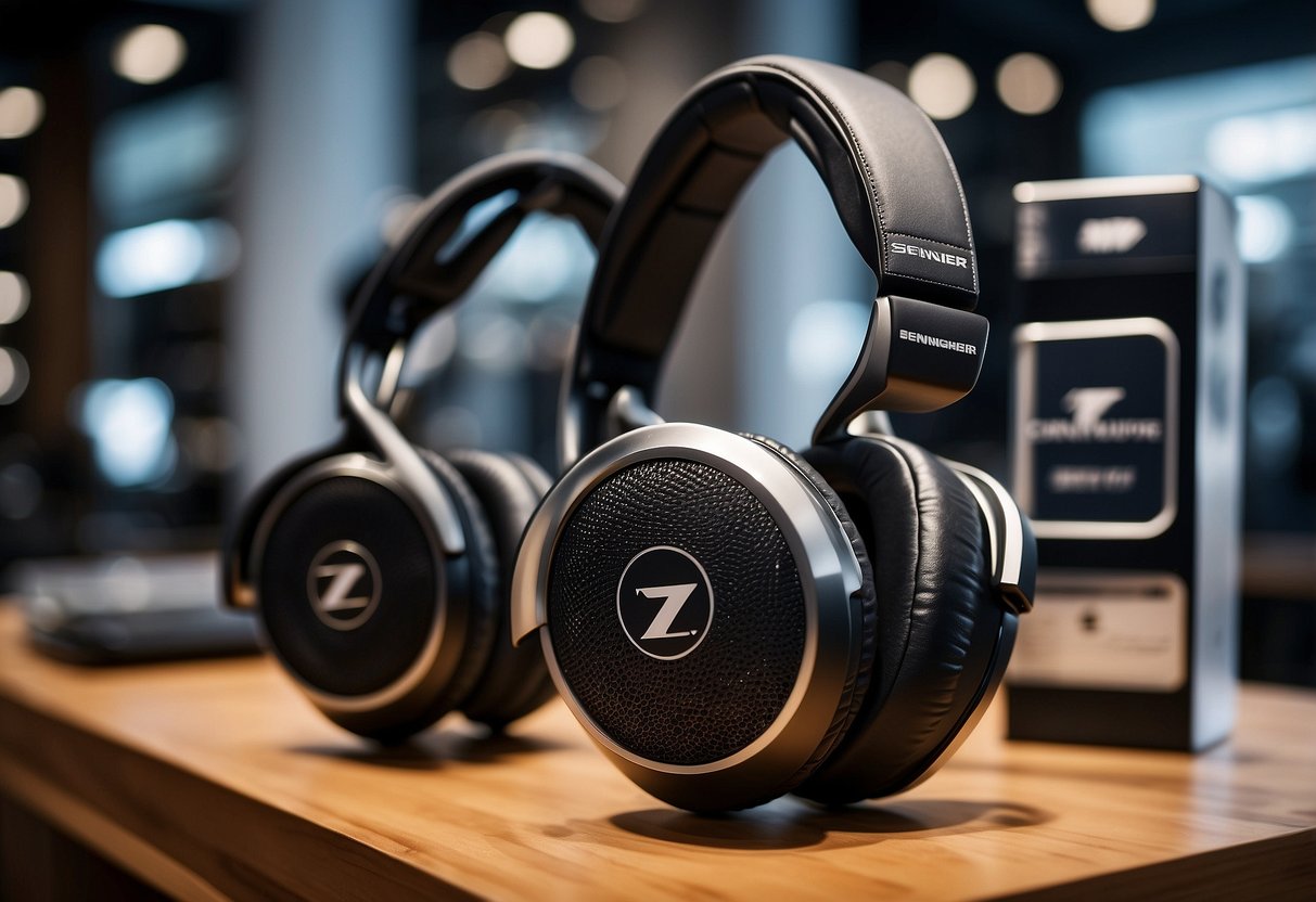 A display of Sennheiser headphones and speakers with promotional signage in a sleek, modern electronics store