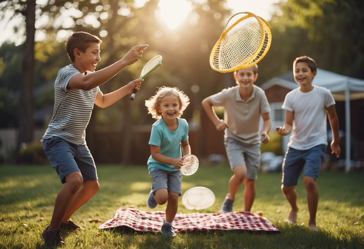 A family plays outdoor games in the backyard, with a picnic blanket, a frisbee flying through the air, and a game of badminton in full swing