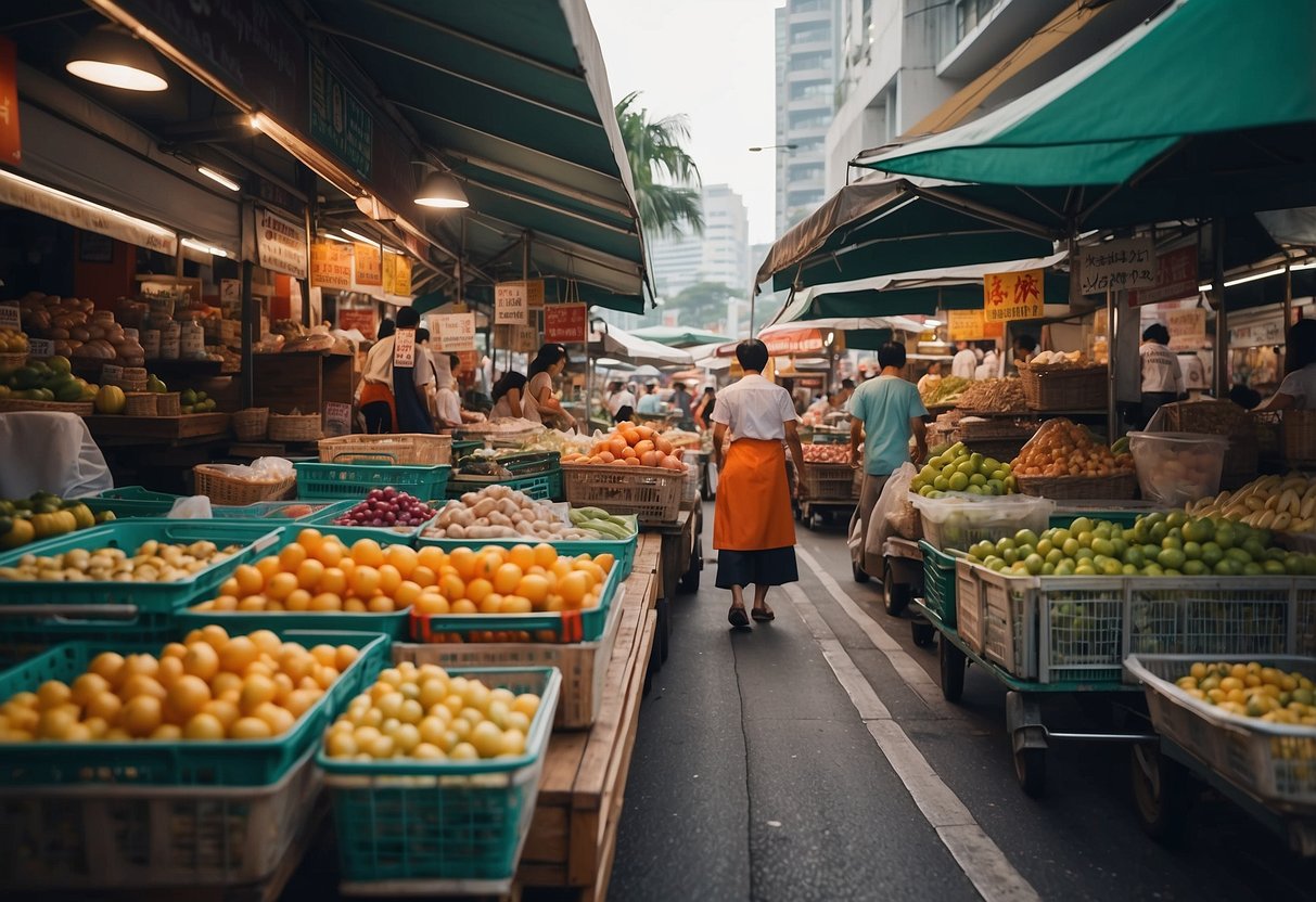 A bustling Singapore market with colorful shipping carts displaying promotional signs and products