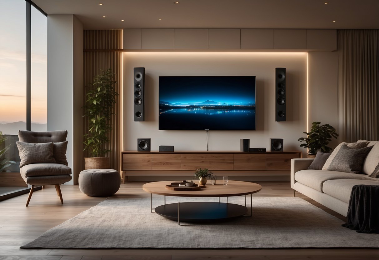 A sleek, modern living room with a state-of-the-art wireless audio setup featuring Sennheiser products. The room is bathed in warm, ambient lighting, and the equipment is positioned strategically for optimal sound distribution