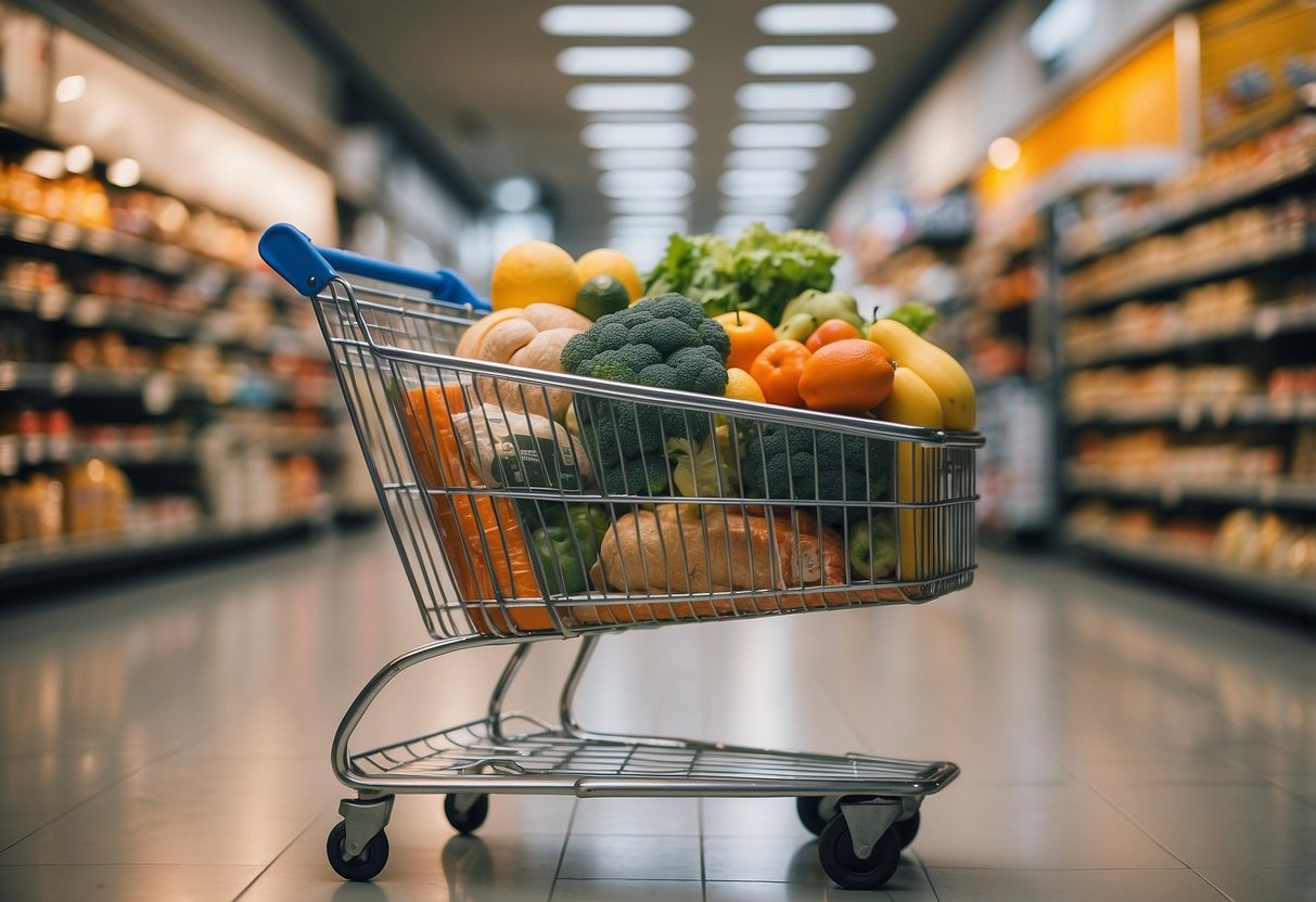 A shopping cart filled with groceries, surrounded by promotional signs for shipping in Singapore