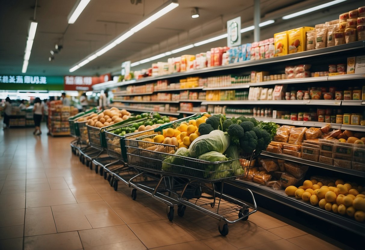 A bustling grocery store in Singapore with colorful promotional signs on shopping carts. Shoppers browse aisles filled with diverse products