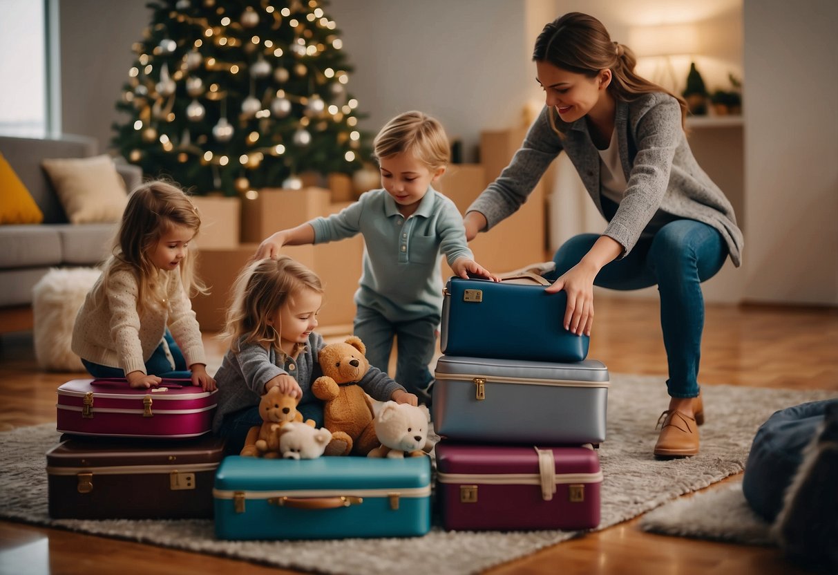 Families unpacking suitcases, putting away holiday decorations, and children playing with new toys