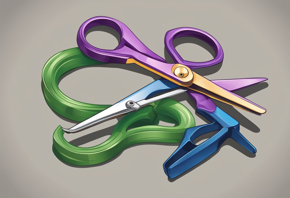 A pair of scissors cutting gum out of a tangled lock of hair