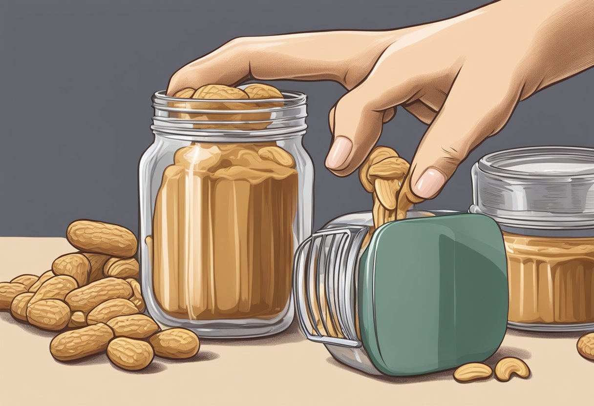 A hand reaches for a jar of peanut butter. A comb sits nearby. Gum is tangled in a lock of hair