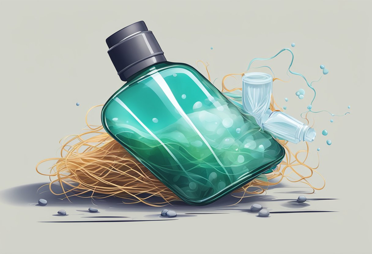 A bottle of chemical solution sits next to a tangled clump of hair with a piece of gum stuck in it