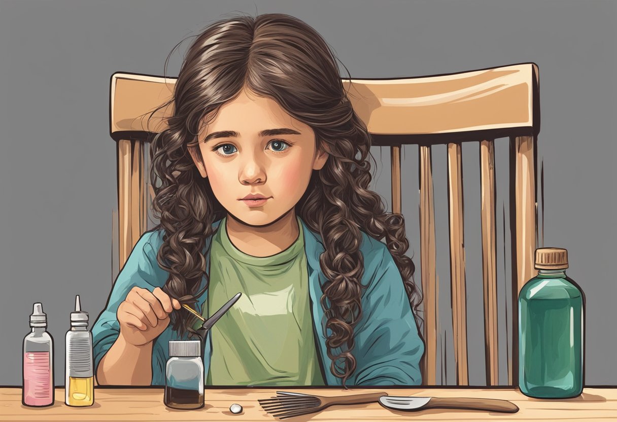 A young girl sits on a chair, distressed, with gum stuck in her hair. A bottle of oil and a comb are nearby, as she attempts to remove the gum